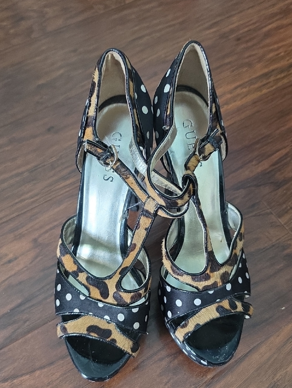Guess Black Polka Dot and Leopard Print T-Strap Peep Toe Heels